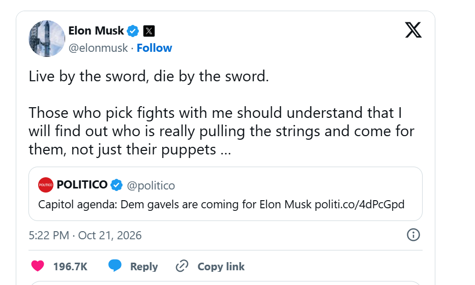 Live by the sword, Die by the sword - Elon Musk goes on posting rampage as Democrats threaten investigations